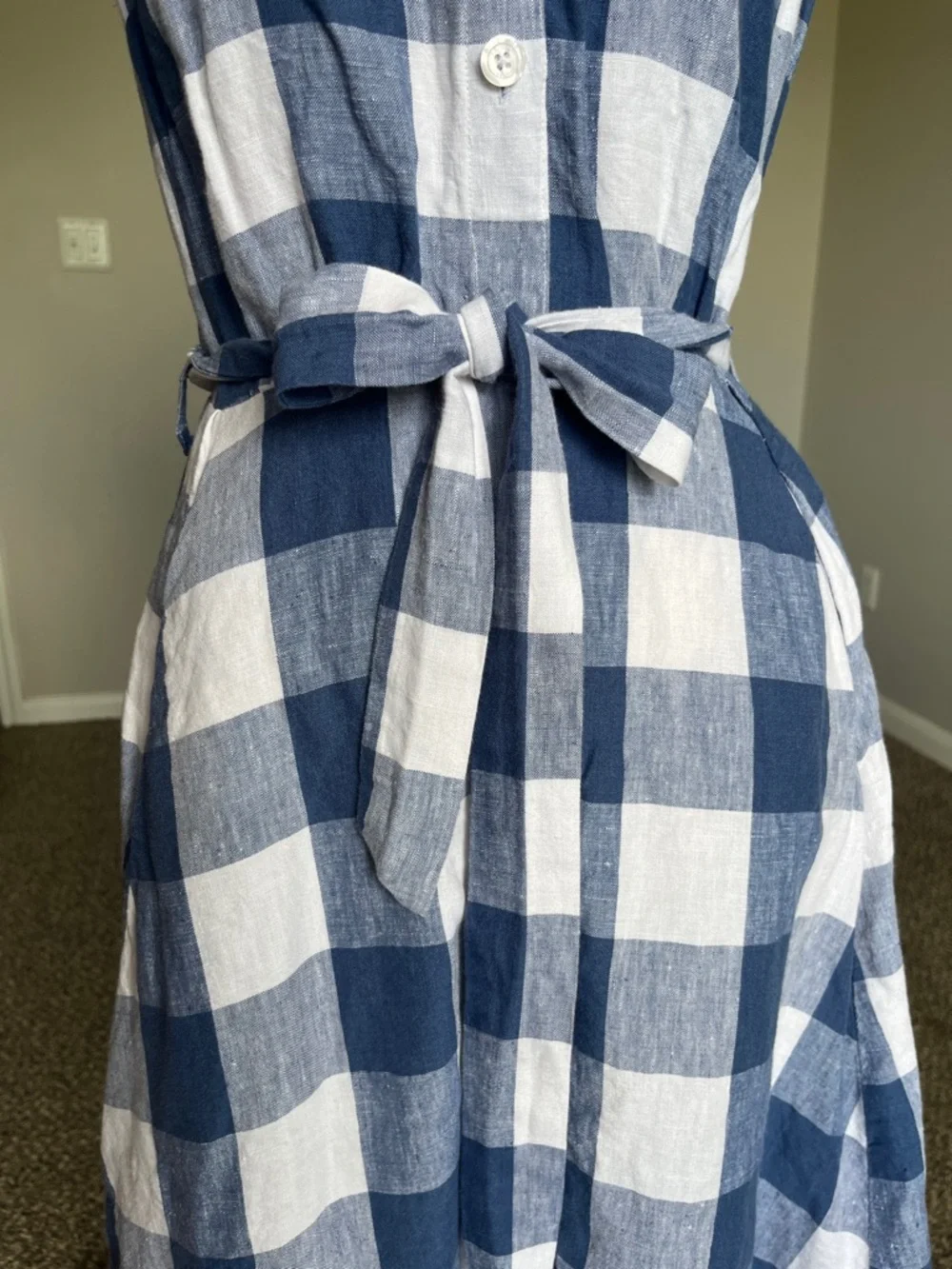 100% Linen Navy Blue White Gingham Midi Dress Button Front with Pockets Size 4 - Picture 3 of 8